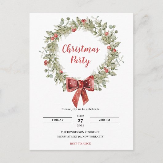 Waterverf Holly Wreate Kerstparty Uitnodiging (Voorkant)