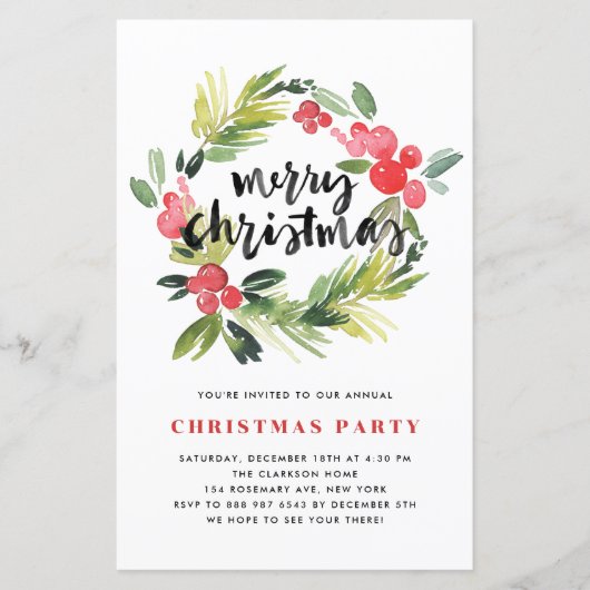 Waterverf Holly Wreate Kerstparty Uitnodiging (Voorkant)