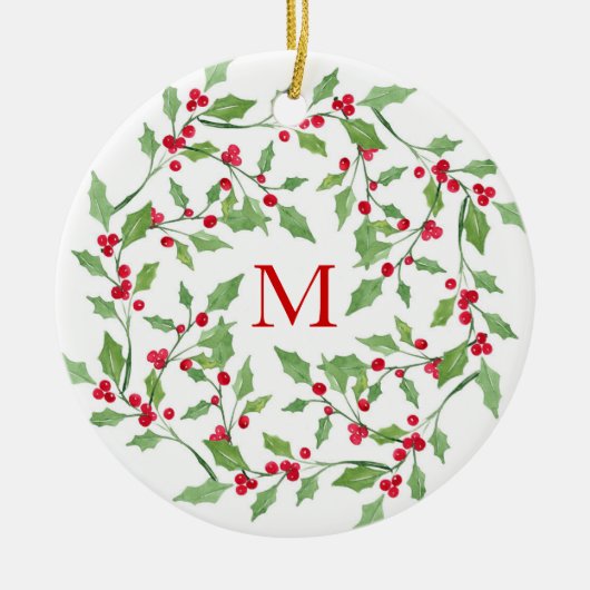 Waterverf Holly Wreath 3 Keramisch Ornament (Voorkant)