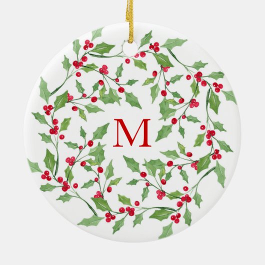 Waterverf Holly Wreath 3 Keramisch Ornament (Achterkant)