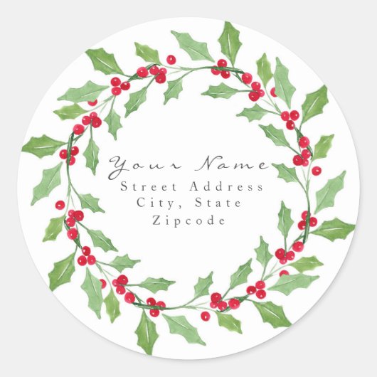 "Waterverf Holly Wreath"-etiket Ronde Sticker (Voorkant)
