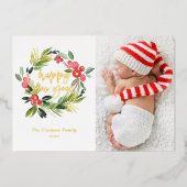 Waterverf Holly Wreath Happy New Year Foto Folie Feestdagenkaart (Voorkant)