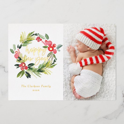 Waterverf Holly Wreath Happy New Year Foto Folie Feestdagenkaart (Voorkant)