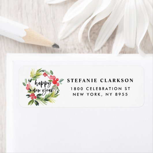 Waterverf Holly Wreath Happy Nieuwjaar 2018 Etiket (Insitu)