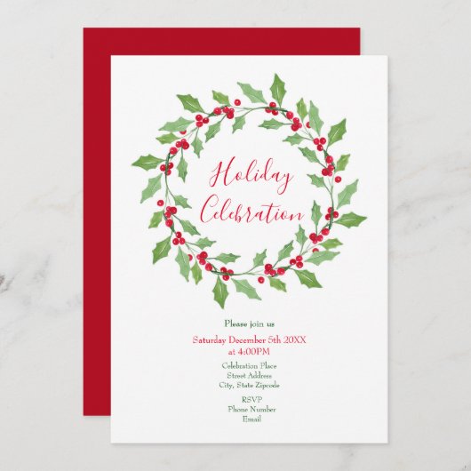 Waterverf Holly Wreath Kaart (Voorkant / Achterkant)