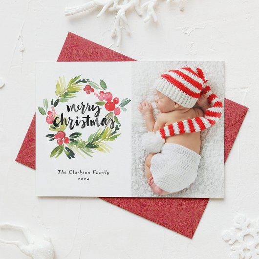 Waterverf Holly Wreath Merry Christmas Foto Feestdagenkaart