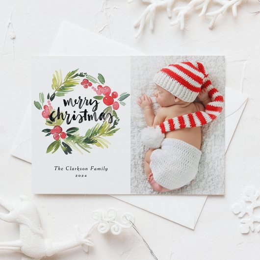 Waterverf Holly Wreath Merry Christmas Foto Feestdagenkaart