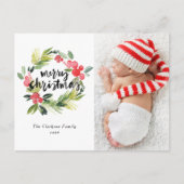 Waterverf Holly Wreath Merry Christmas Foto Feestdagenkaart (Voorkant)