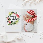 Waterverf Holly Wreath Merry Christmas Foto Folie Feestdagen Briefkaart