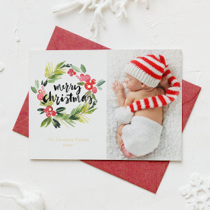 Waterverf Holly Wreath Merry Christmas Foto Folie Feestdagenkaart