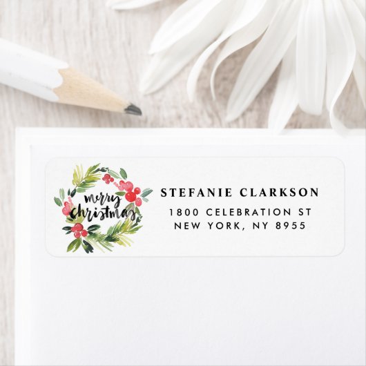 Waterverf Holly Wreath Merry kerst Etiket (Insitu)