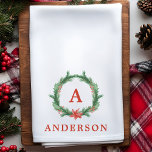 Waterverf Holly Wreath Modern Holiday Kerstmis Theedoek<br><div class="desc">Waterverf Holly Wreath Modern Holiday Kersthanddoek. Het perfecte keukendecor voor de feestdagen. Pas dit aangepaste ontwerp aan met uw eigen monogram-initiaal en familienaam.</div>