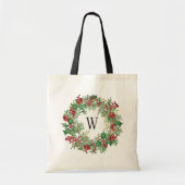 Waterverf Holly Wreath Monogram Initiaal Holiday Tote Bag (Voorkant)