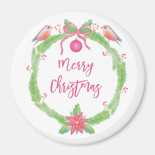 Waterverf Holly Wreath "Vrolijk Kerstfeest" Magneet (Voorkant)
