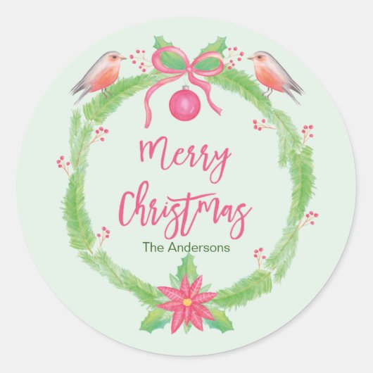 Waterverf Holly Wreath "Vrolijk Kerstfeest" Ronde Sticker (Voorkant)