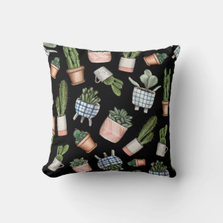 Waterverf Home Planten Zwart Naadloos Kussen