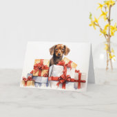 Waterverf hond achter kerstcadeaus kaart (Gele Bloem)