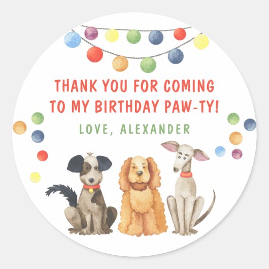 Waterverf hond eerste verjaardagsfeestje BEDANKT Ronde Sticker (Voorkant)