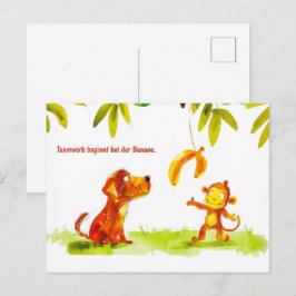 Waterverf hond en aap willen banaan feestdagenkaart