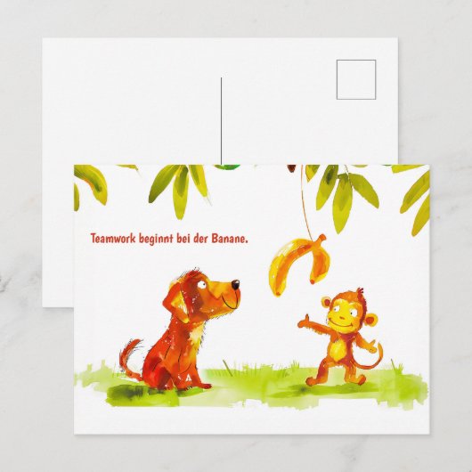 Waterverf hond en aap willen banaan feestdagenkaart (Voorkant / Achterkant)