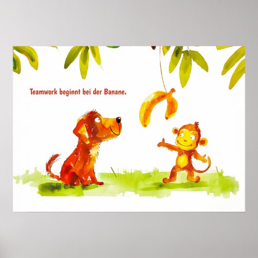 Waterverf hond en aap willen banaan poster (Voorkant)