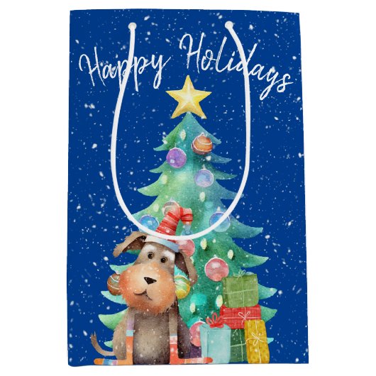 Waterverf Hond en Kerstboom Medium Cadeauzakje (Voorkant)