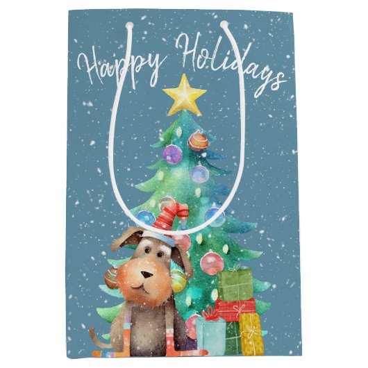 Waterverf Hond en Kerstboom Medium Cadeauzakje (Voorkant)