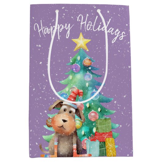 Waterverf Hond en Kerstboom Medium Cadeauzakje (Voorkant)