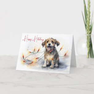 Waterverf hond verstrikt in vakantie lichten kaart