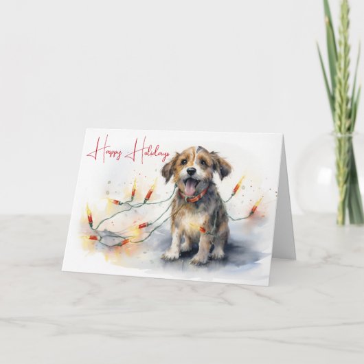 Waterverf hond verstrikt in vakantie lichten kaart (Voorkant)