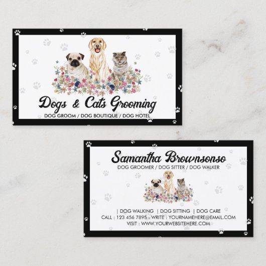 Waterverf Honden Kat op een Pauw Print - Pet Sitte Visitekaartje (Voorkant / Achterkant)