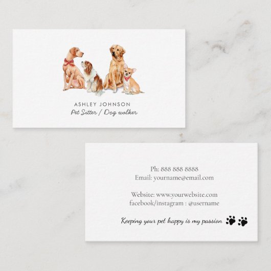 Waterverf honden Pet zitten Visitekaartje (Voorkant / Achterkant)