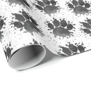 Waterverf Hondenpootafdruk Zwart en Wit Op Maat Cadeaupapier