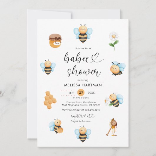 Waterverf Honey Bee Baby shower Invitation Kaart (Voorkant)