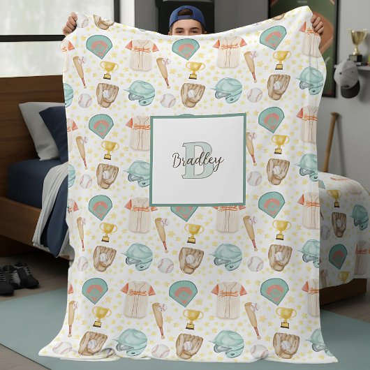  Waterverf Honkbal Patroon Monogram Naam Fleece Deken