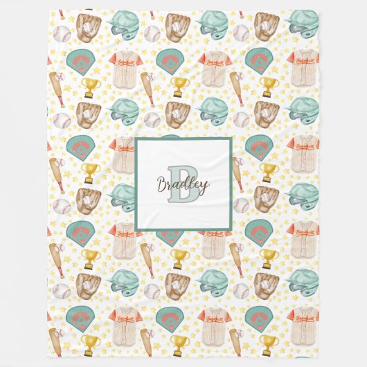  Waterverf Honkbal Patroon Monogram Naam Fleece Deken (Voorkant)