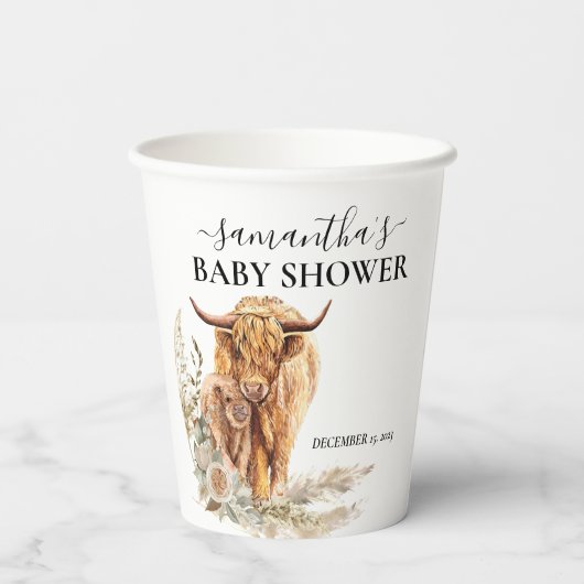 Waterverf Hoogland Koe Calf Baby Boho Pampas Papieren Bekers (Achterkant)
