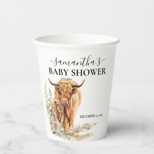 Waterverf Hoogland Koe Calf Baby Boho Pampas Papieren Bekers (Voorkant)
