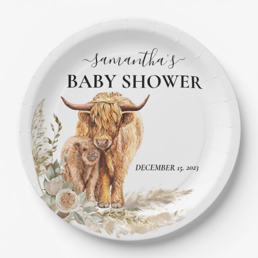 Waterverf Hoogland Koe Calf Baby Boho Pampas Papieren Bordje (Voorkant)