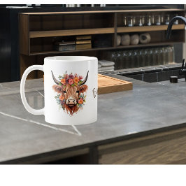 Waterverf Hoogland Koe met bloemen Koffiemok