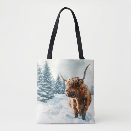 Waterverf Hoogland Koe Winterscène Tote Bag (Voorkant)