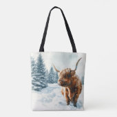 Waterverf Hoogland Koe Winterscène Tote Bag (Achterkant)