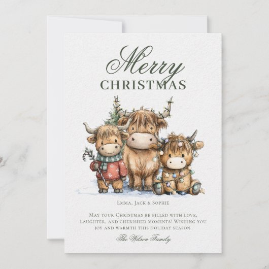 Waterverf Hoogland Koeien Rustiek Kerstfeest Feestdagenkaart (Voorkant)