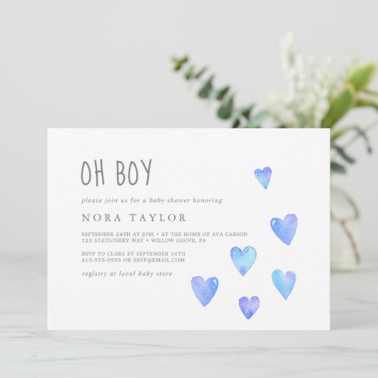 Waterverf hoort jongen horizontaal Oh Baby shower Kaart (Staand voorkant)