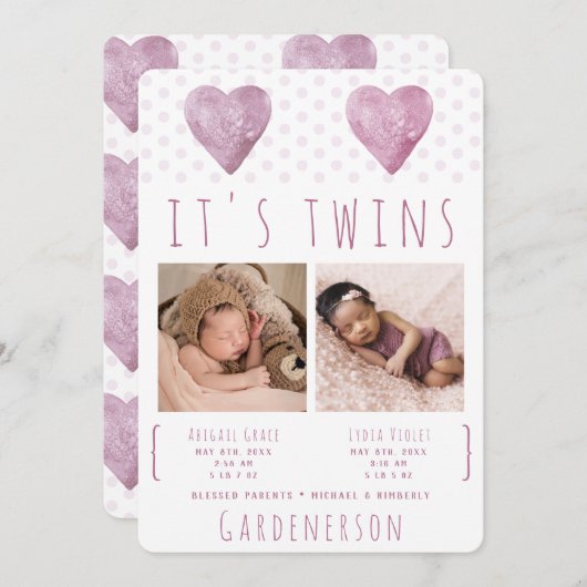 Waterverf hoort Twins Girl aankondiging (Voorkant / Achterkant)