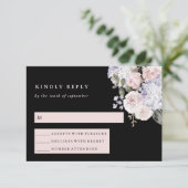 Waterverf Hortensia Bloemen op Zwart | Bruiloft RSVP Kaartje (Staand voorkant)