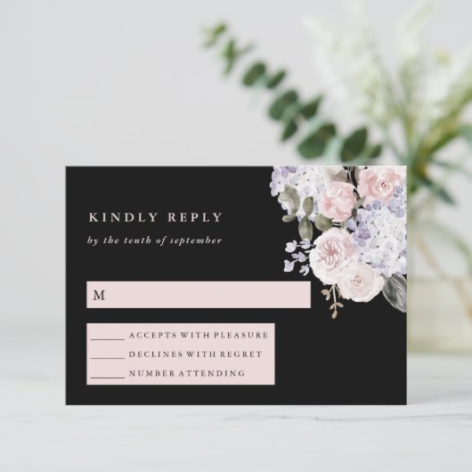 Waterverf Hortensia Bloemen op Zwart | Bruiloft RSVP Kaartje (Staand voorkant)