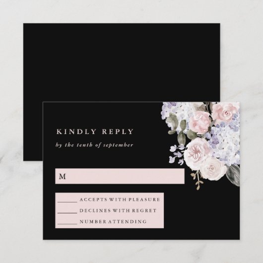Waterverf Hortensia Bloemen op Zwart | Bruiloft RSVP Kaartje (Voorkant / Achterkant)
