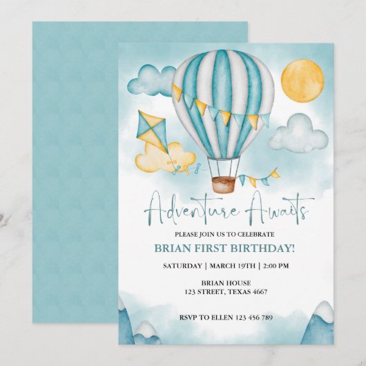 Waterverf Hot Air Ballon Birthday Invitation Kaart (Voorkant / Achterkant)