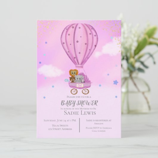 Waterverf Hot Air ballon Cute Baby shower Girl Kaart (Staand voorkant)